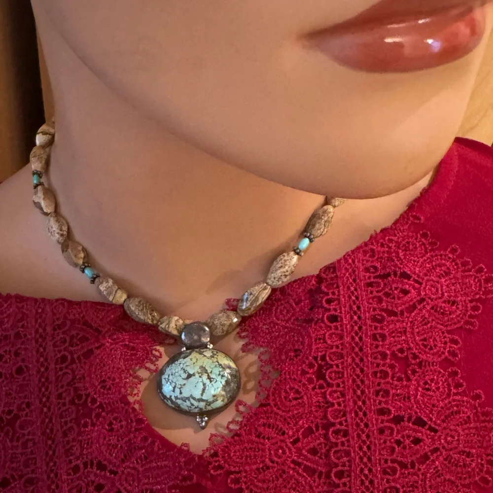 Handmade turquoise pendant on sterling necklace with barrel jasper stone beads
